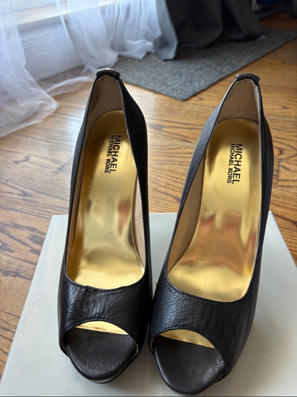 MICHAEL Michael Kors Black Leather Peep-Toe Heels with Gold Insole